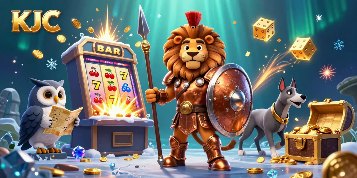 KJC players winning big at a vibrant online casino with a jackpot explosion and lively characters.