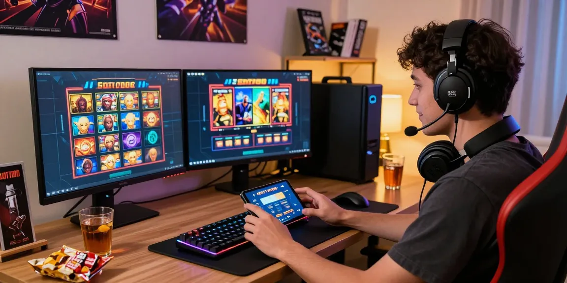 SLOT7000 gaming setup featuring player engaged on mobile device with vibrant slot graphics.