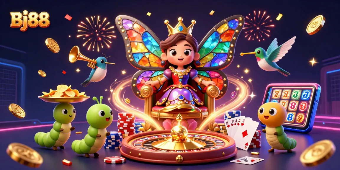 Experience a vibrant BJ88 casino scene with sparkling chips, dynamic roulette, and festive elements.