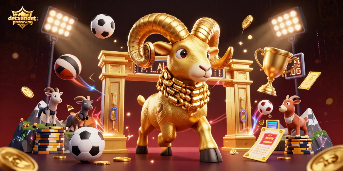 dacsandatphanrang showcases a vibrant casino scene with a golden ram charging through sports elements, emphasizing thrilling winnings.
