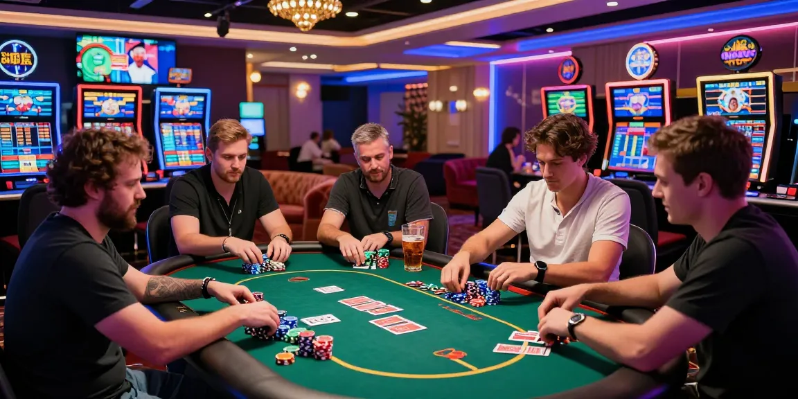 LUCK8 casino scene with friends playing poker in a vibrant atmosphere, highlighting excitement.