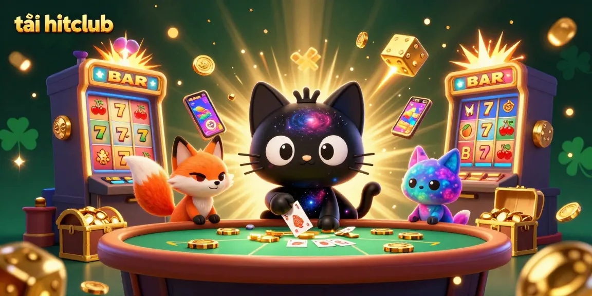 Experience the thrill of tải hitclub with a vibrant cosmic casino scene featuring a black hole cat and nebula fox.