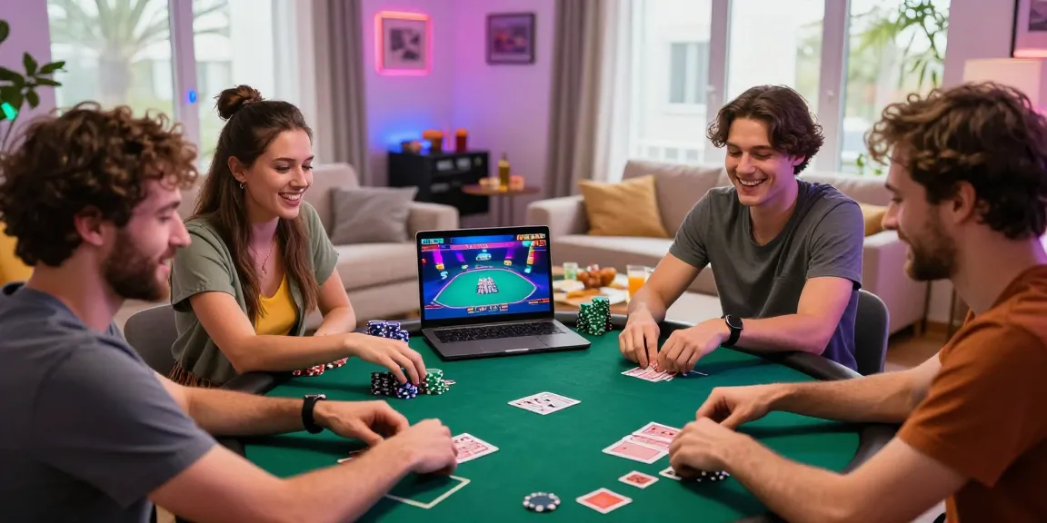 Exciting online poker night with friends celebrating Daftar Nagapoker, showcasing poker chips, cards, and a lively atmosphere.