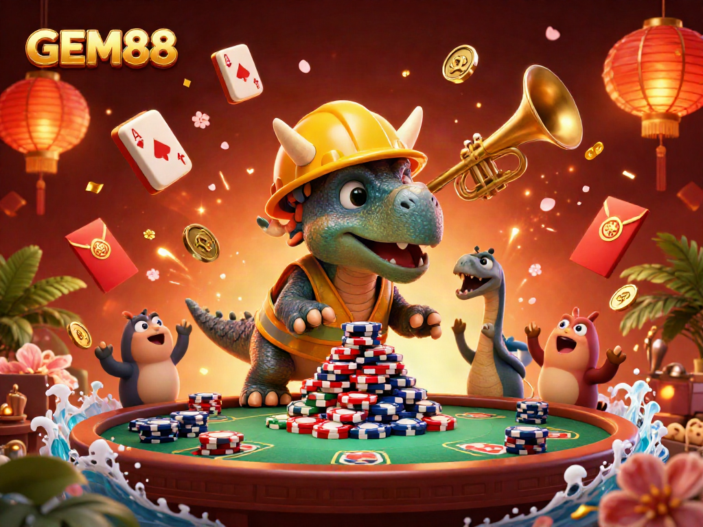 Join the excitement of GEM88 as playful dinosaurs build a casino scene with poker chips.