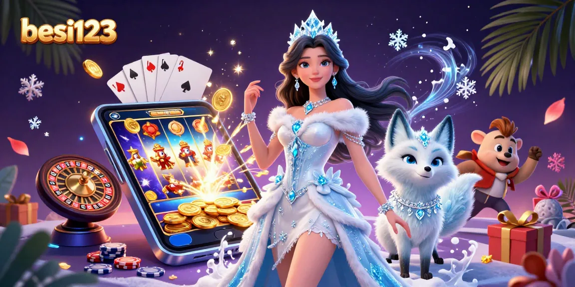Besi123 facilitates thrilling slot game experiences with a majestic ice queen and her companion.