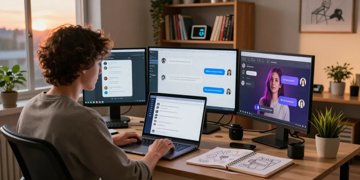 Engaging with an AI sex chat in a cozy home office, showcasing a laptop screen with chatbot interactions.