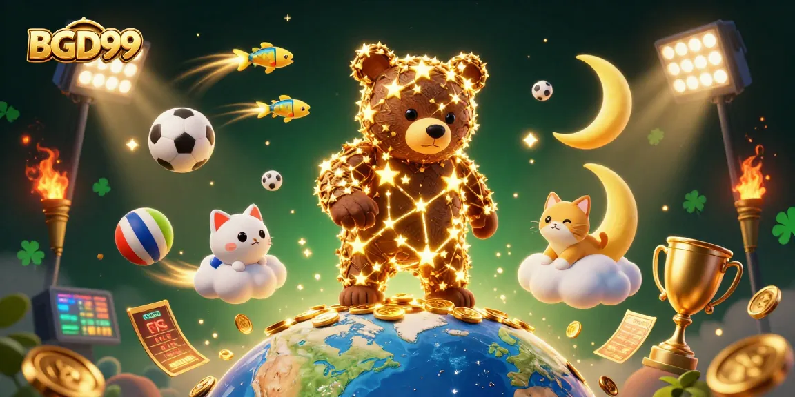 BGD99 offers thrilling betting excitement, featuring a playful constellation bear collecting coins with vibrant sports elements.