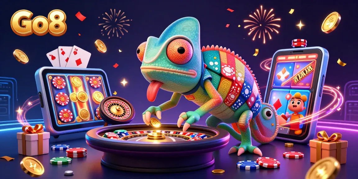 Engage with Go8 at this vibrant casino illustration featuring a colorful chameleon and dynamic gaming elements.