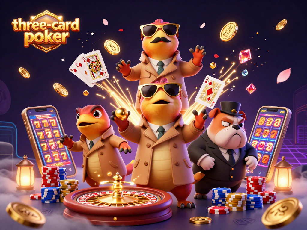 Enjoy thrilling action in three-card-poker with playful raptors sneaking into a VIP casino