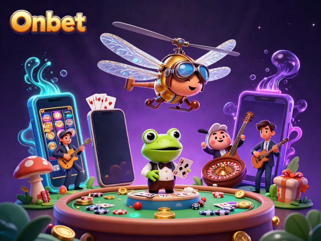 Engage in fun casino action as Onbet's dragonfly pilot hovers over a lively card game.