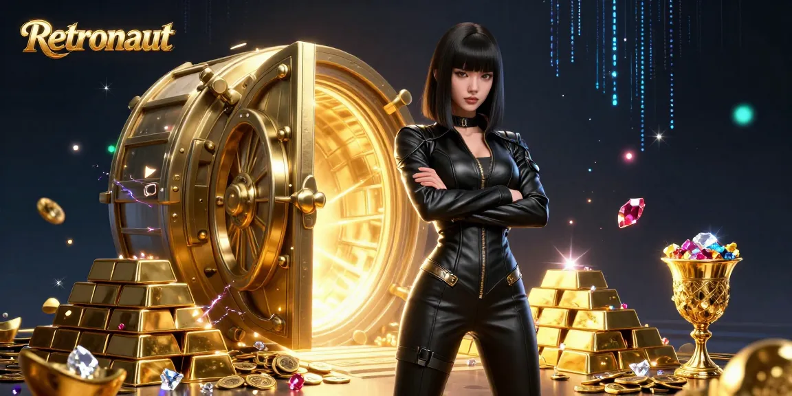 Engage with the Retronaut casino experience featuring stunning visuals of gold and neon elements.