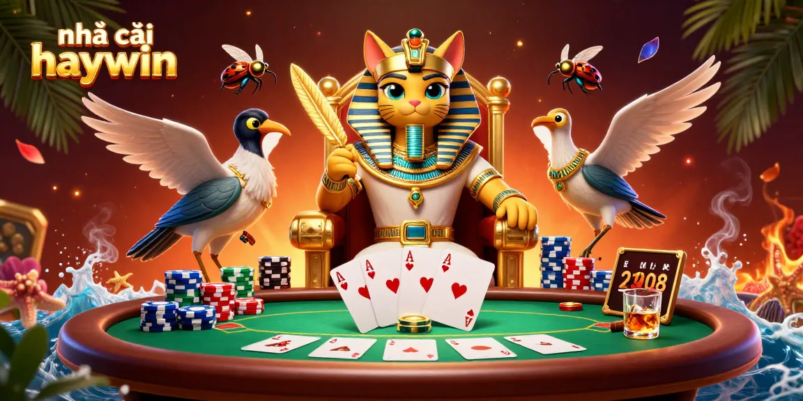 Play at nhà cái haywin with a vibrant casino scene featuring a pharaoh cat and poker elements.
