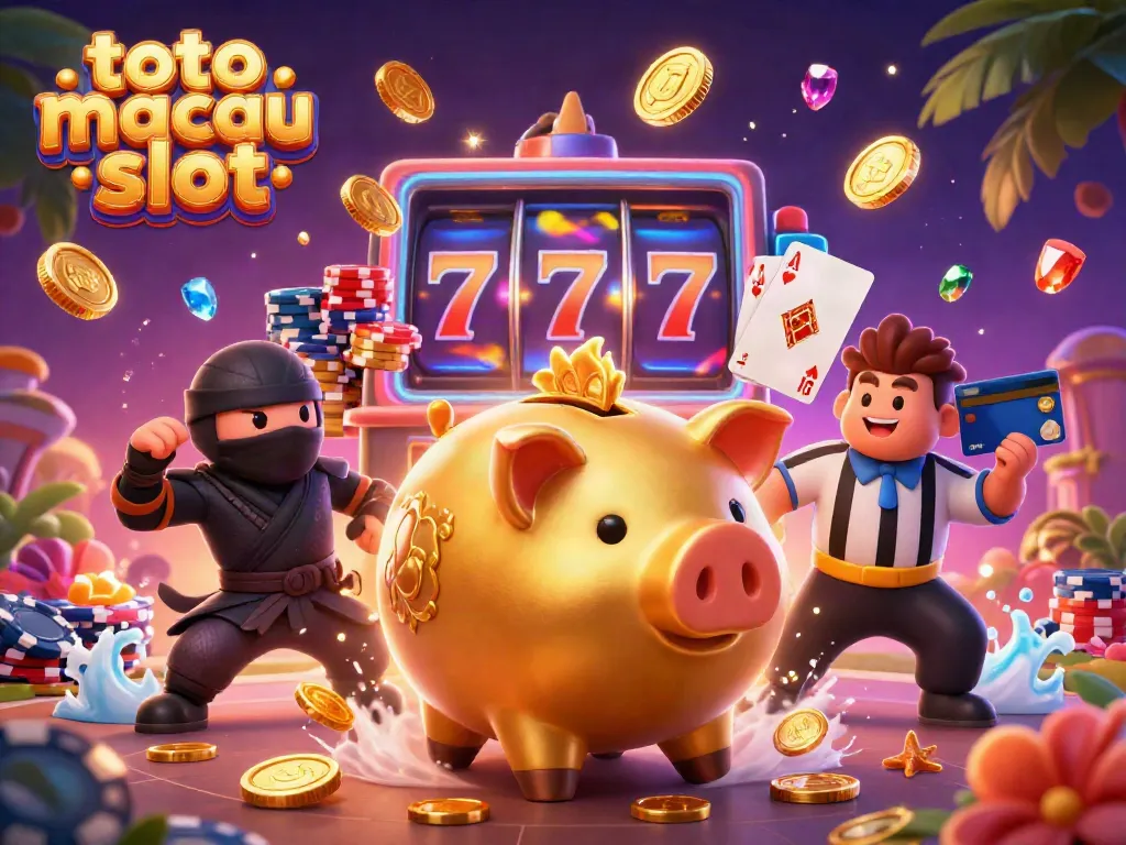 Gambarkan keseruan bermain toto macau slot dengan ilustrasi 3D kartun dari karakter lucu yang menyerang dengan koin emas, kartu poker, dan slot yang berputar.