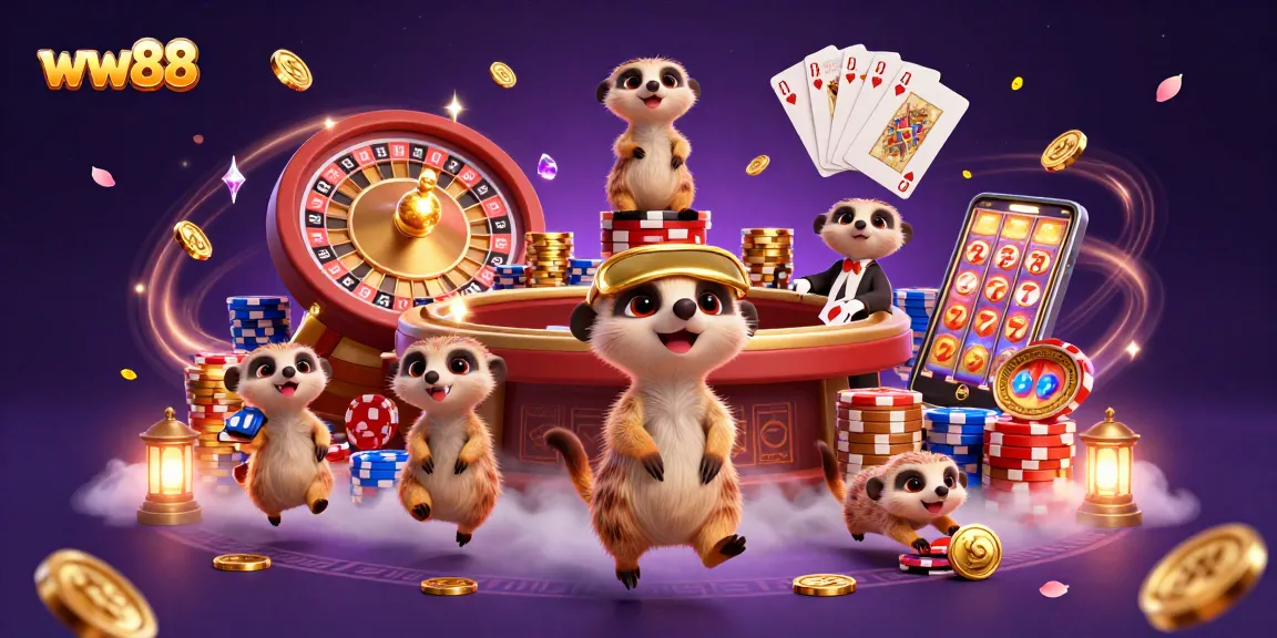 Experience the thrill of ww88 with meerkats managing a bustling casino filled with games and excitement.