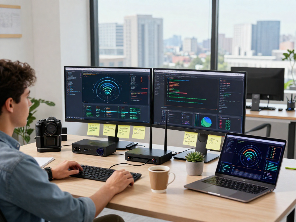 Analisis data wifi4d dalam ruang kerja modern dengan alat jaringan canggih.