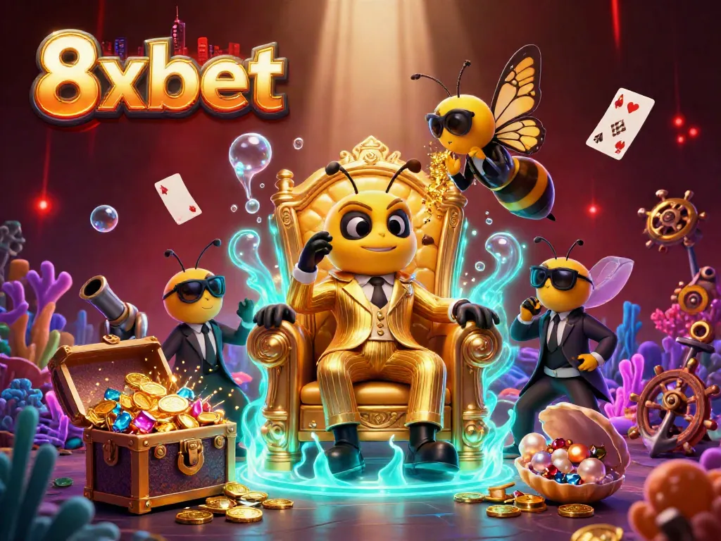 Experience the vibrant action of 8xbet as a 3D bumblebee mob boss leads a dynamic scene filled with casino treasures.