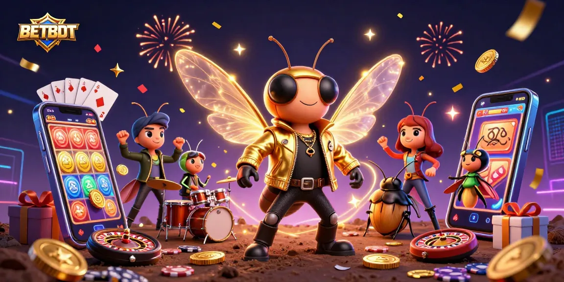 BETBDT showcases an electric rock star cicada surrounded by dynamic gaming elements in a vibrant casino scene.