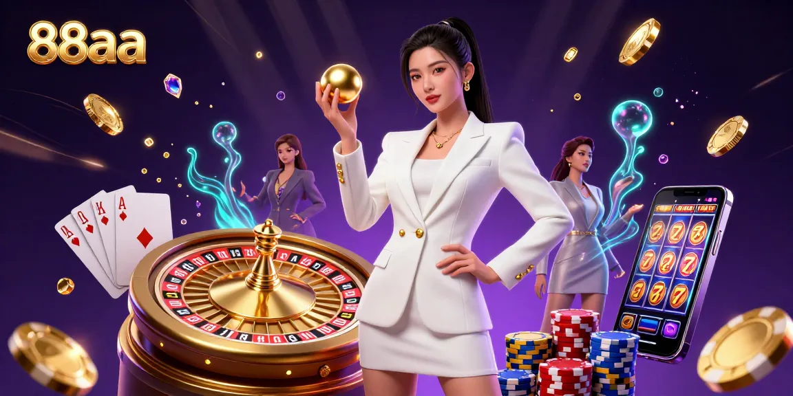 Experience thrilling wins with 88aa in an opulent 3D casino scene featuring a confident dealer.