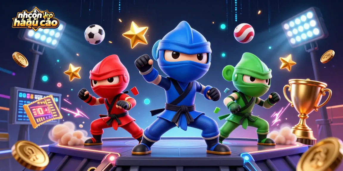Engage with nhận định kèo nhà cái in a vibrant scene of a ninja chameleon team performing martial arts amidst dynamic sports betting elements.