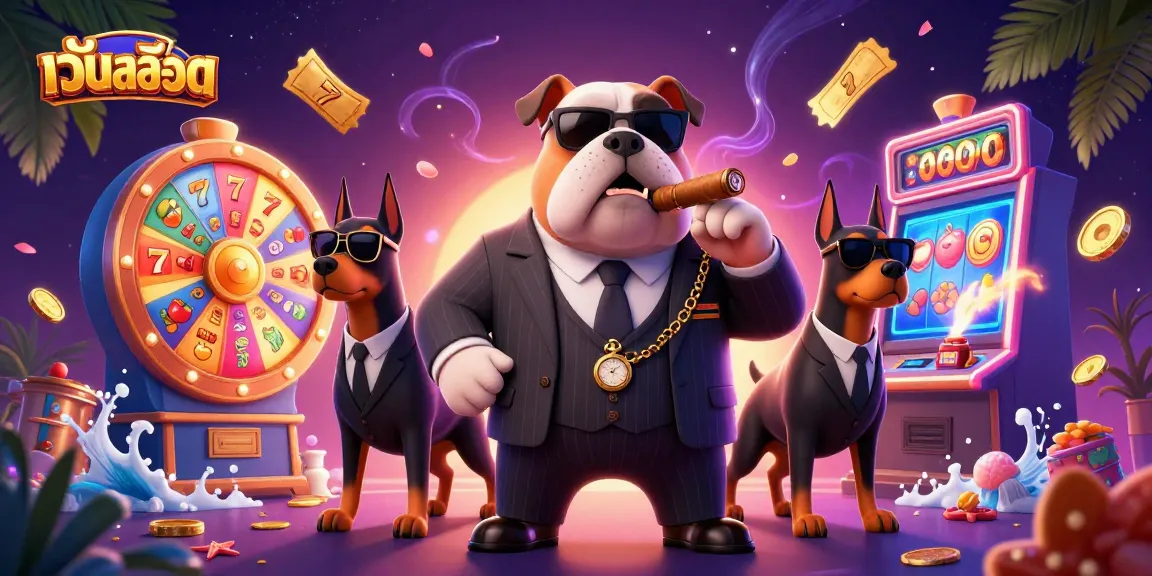 Engage with เว็บสล็อต as colorful slot reels and vibrant prizes surround a mafia boss.