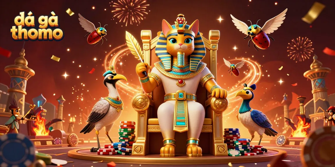 Experience the excitement of đá gà thomo with a colorful illustration of a pharaoh cat in a dynamic arena.
