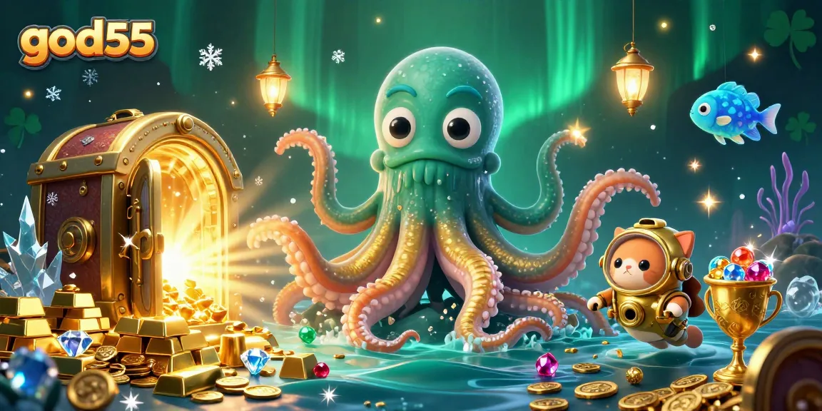 Win with god55 in this vibrant 3D casino treasure scene full of gold and jewels.