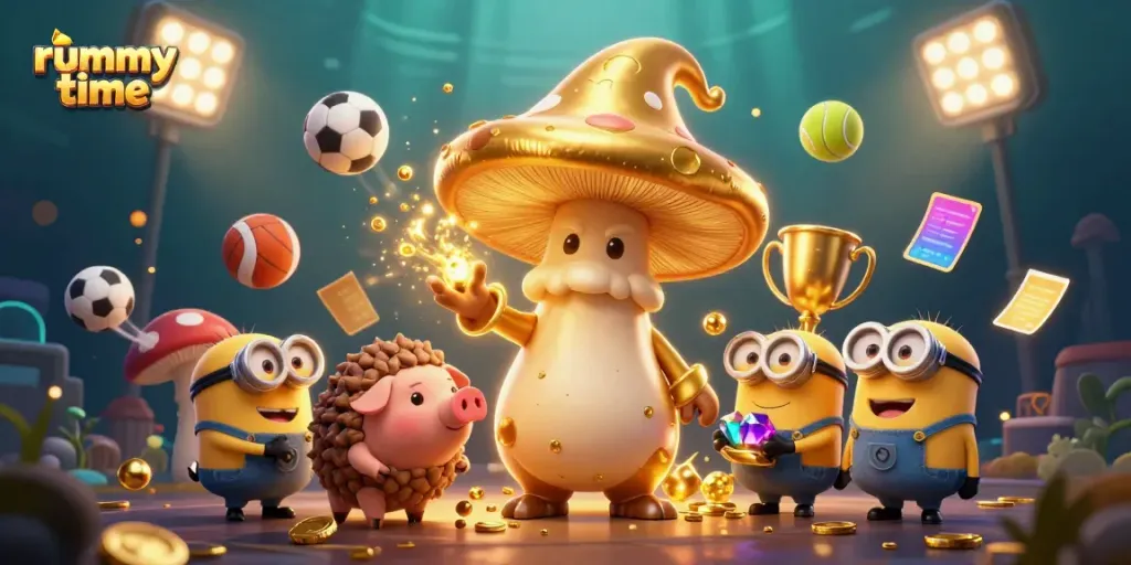 Experience rummy time with a mystical golden mushroom wizard casting spells amidst treasure, sports, and excitement.