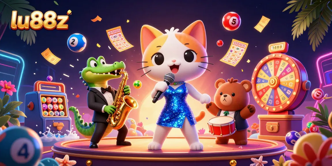 Watch the jazz-singer cat entertain with lottery excitement at lu88z's vibrant casino stage.