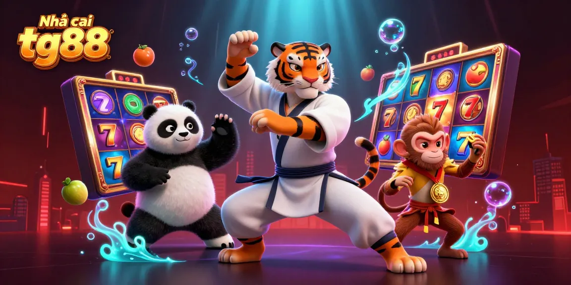 Engage with Nhà cái tg88 by witnessing a fun-filled scene of a kung fu tiger master and friends amid vibrant slot game elements.