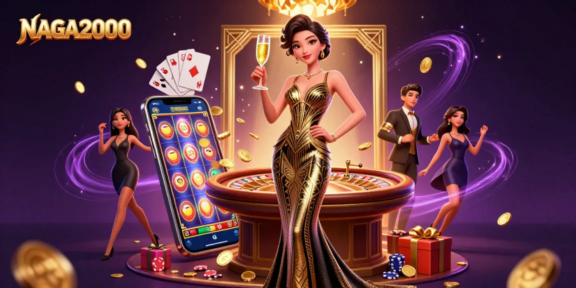 NAGA2000 menampilkan seorang wanita Asia glamor merayakan kemenangannya di kasino dengan permainan slot yang cerah dan koin emas.