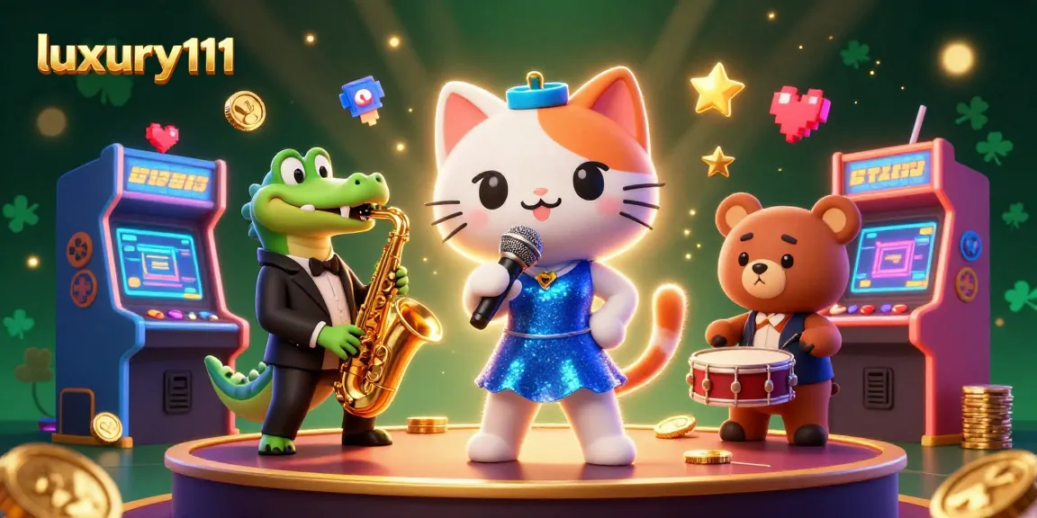 Experience luxury111 in this vibrant casino scene with a singing cat and animated game elements.