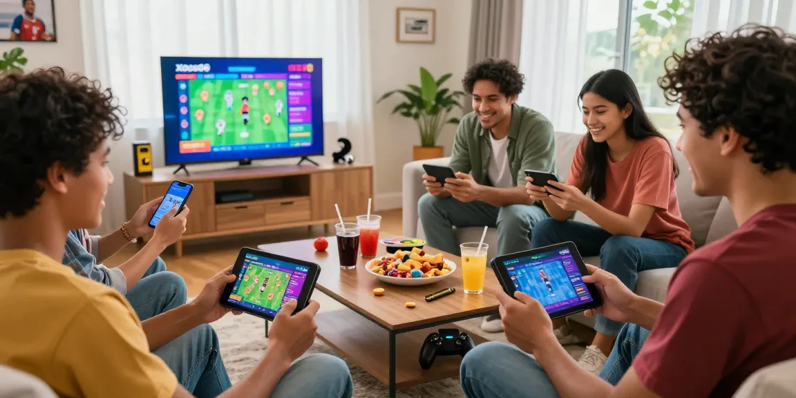 Group of friends enjoying the xoso66 app on their devices in a vibrant living room.