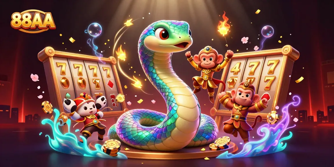 Experience the vibrant energy of 88AA with a captivating illustration of a playful monkey king and a rainbow serpent surrounded by casino elements.