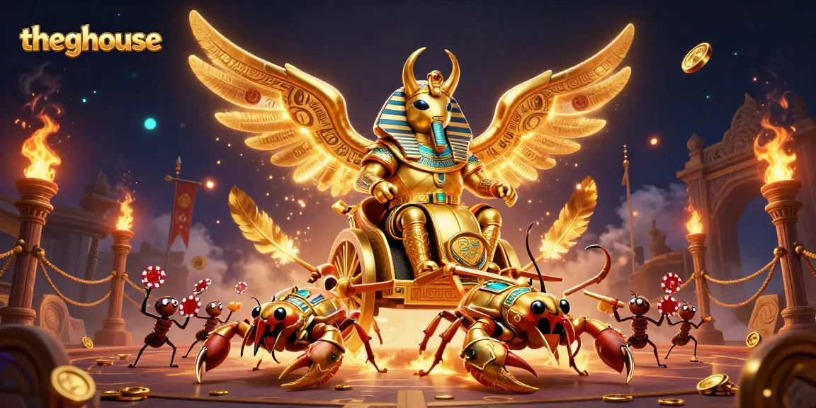 Thegbhouse showcases a vibrant 3D casino scene with a golden scarab beetle, scorpions, and poker chips.