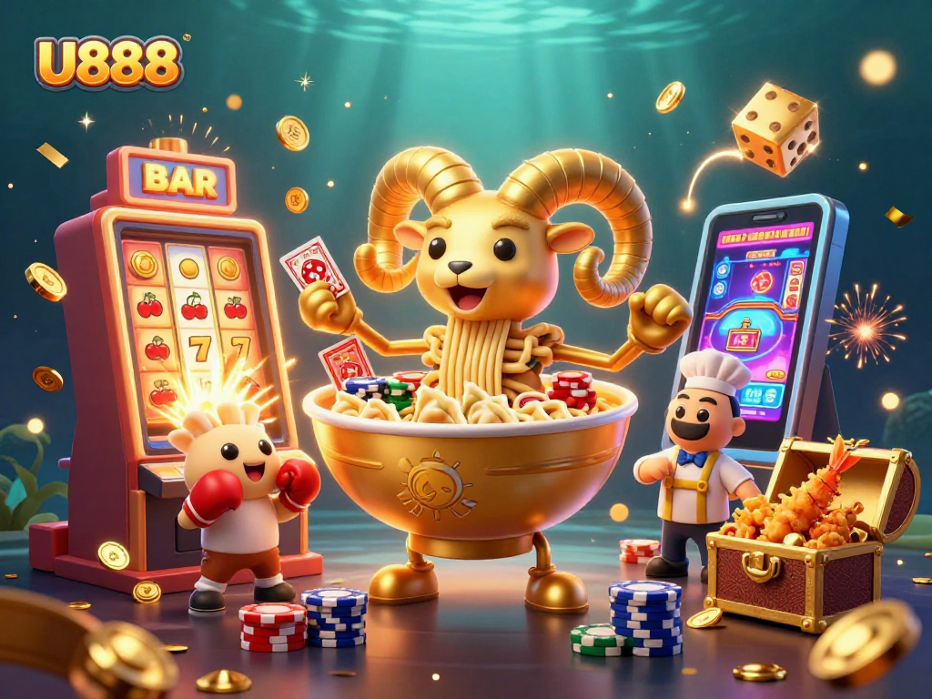 Experience thrilling gameplay at U888 with a dynamic scene of vibrant 3D casino characters.
