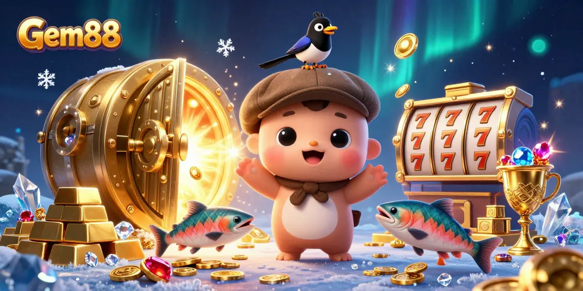 Gem88 features a playful Nessie and a gold magpie amidst rich casino symbols and treasures.