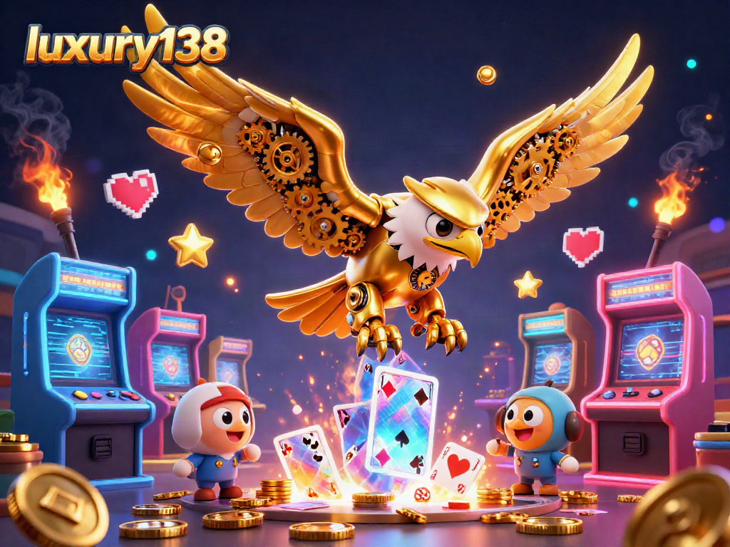 Menangkan permainan kasino di luxury138 dengan ilustrasi elang emas cybernetic terbang di atas kartu holografik.