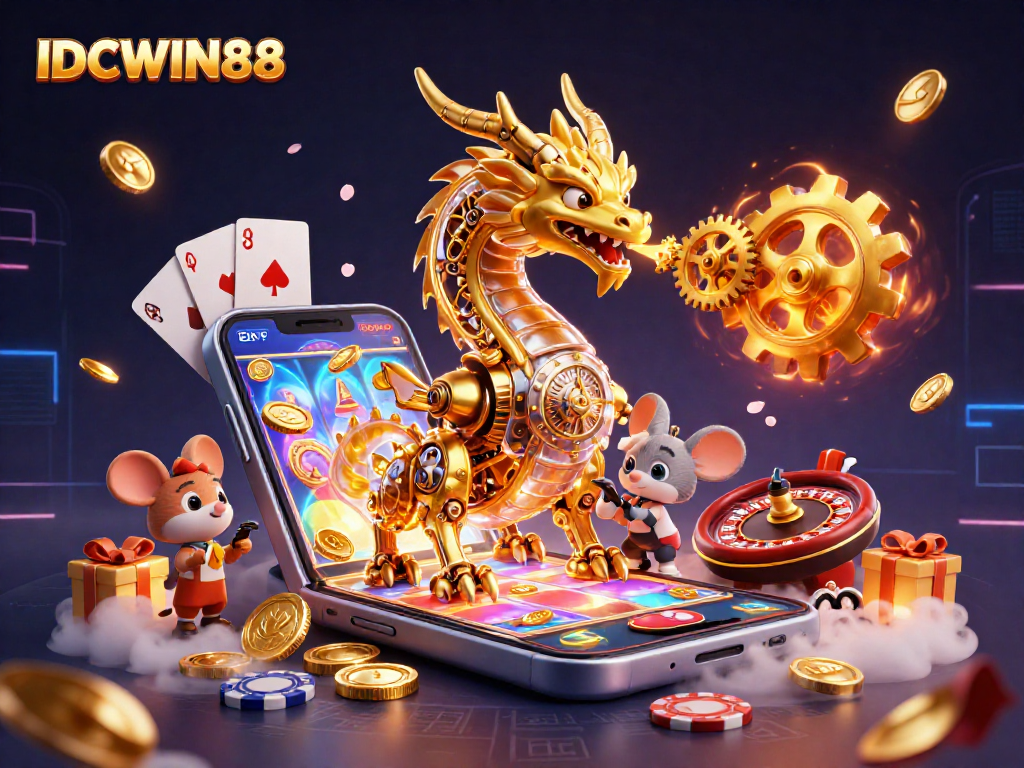 Engage with slot games and online fun at IDCWIN88, featuring golden dragon and slot elements.