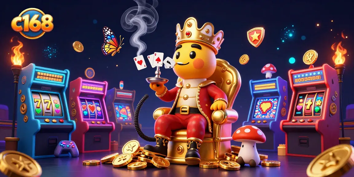 Experience excitement with c168’s colorful casino scene featuring vibrant gaming elements and a whimsical caterpillar character.