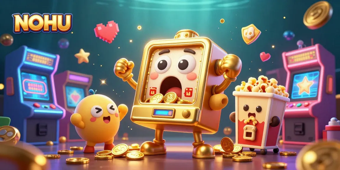 NOHU slot machine hitting jackpot while cheerful side characters celebrate and vibrant gaming elements surround