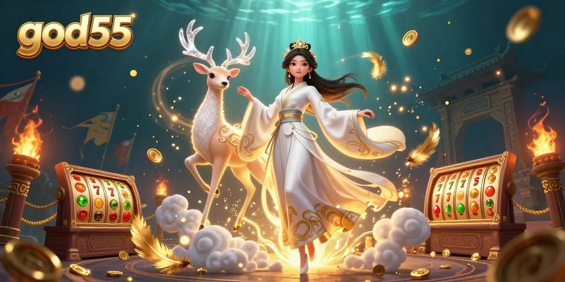 Experience thrilling gameplay at god55 with captivating slot reels and vibrant game characters in 3D illustration.