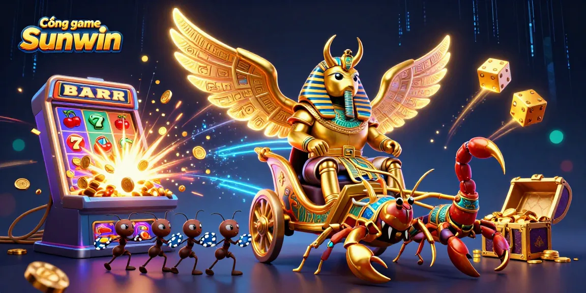 Cổng game Sunwin showcases a vibrant 3D casino scene with a colossal scarab beetle and dynamic gambling elements.