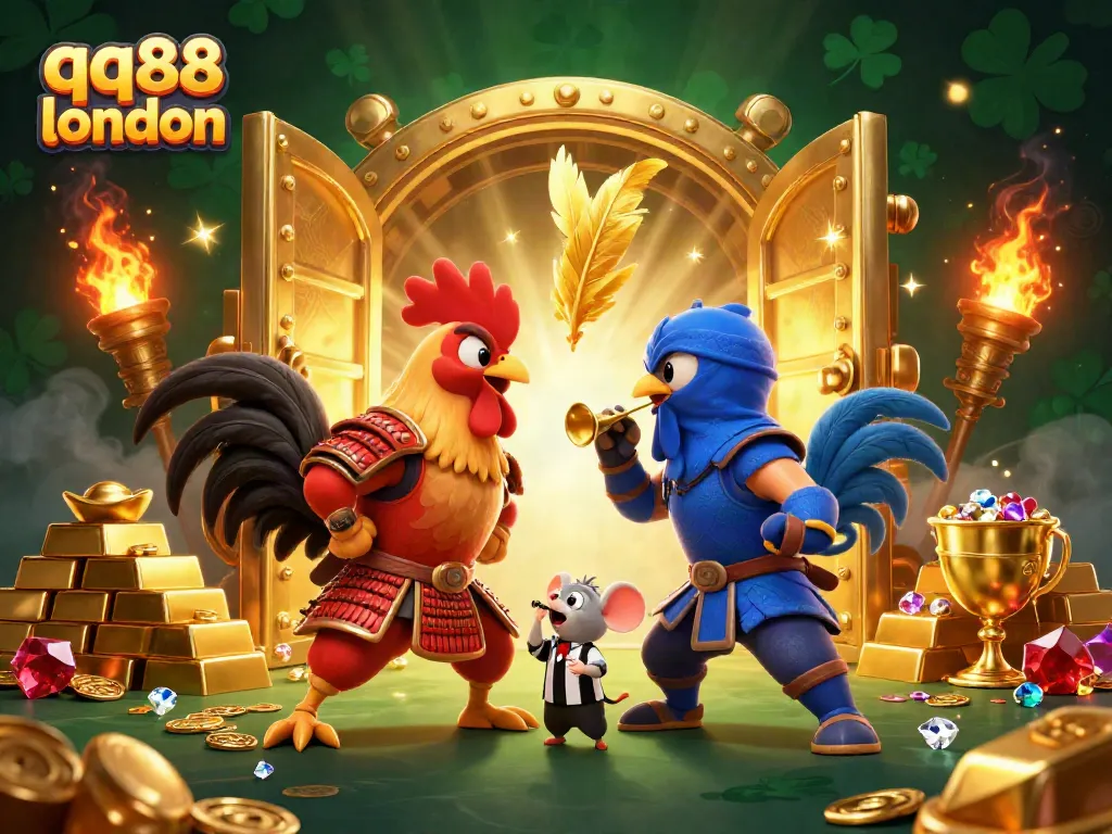 Experience thrilling battles at qq88 london with vibrant casino-themed 3D cartoon illustration.