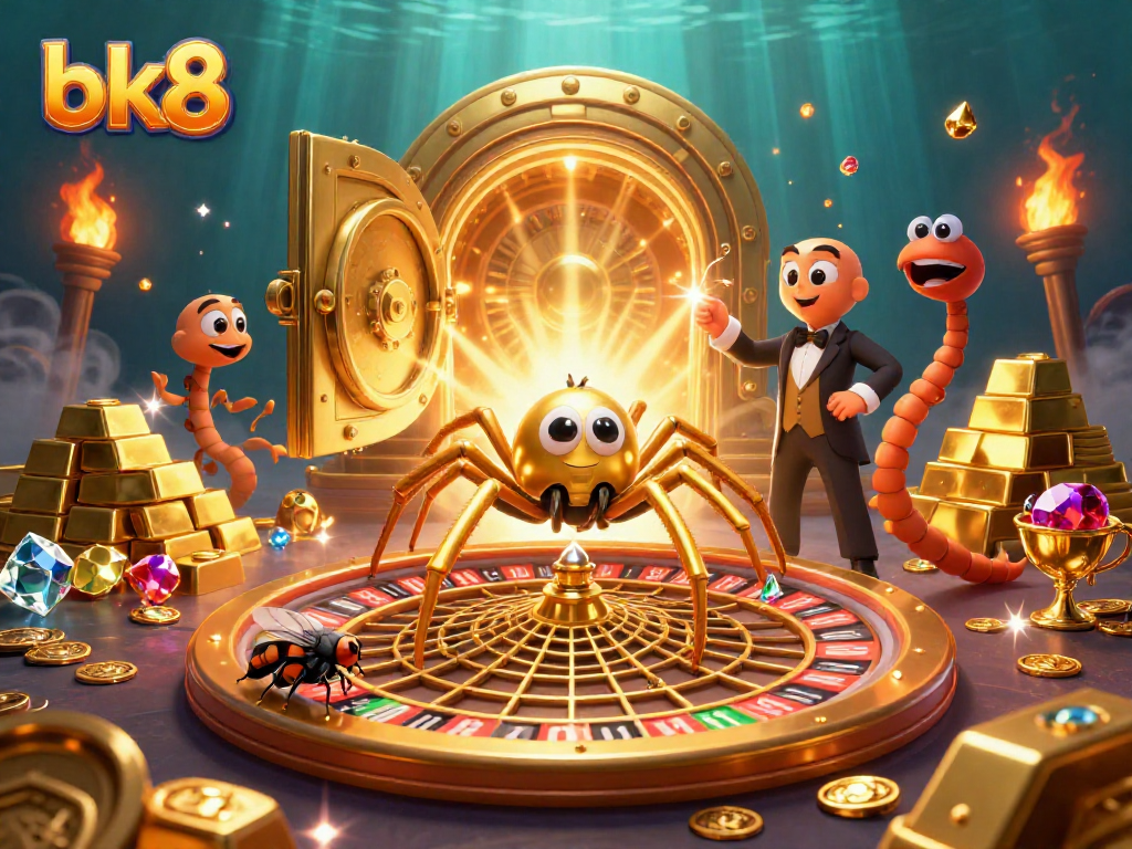 Experience the thrill of bk8 betting with a golden spider and roulette wheel in this vibrant 3D casino scene.