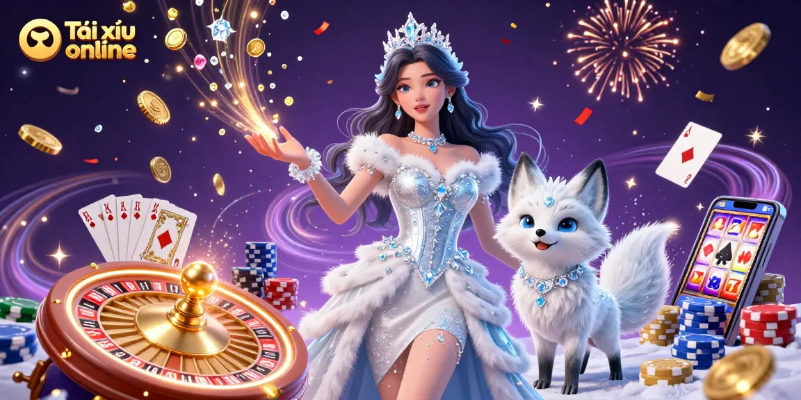 Experience Tài xỉu online with a vibrant 3D illustration showcasing excitement and dynamic gameplay.
