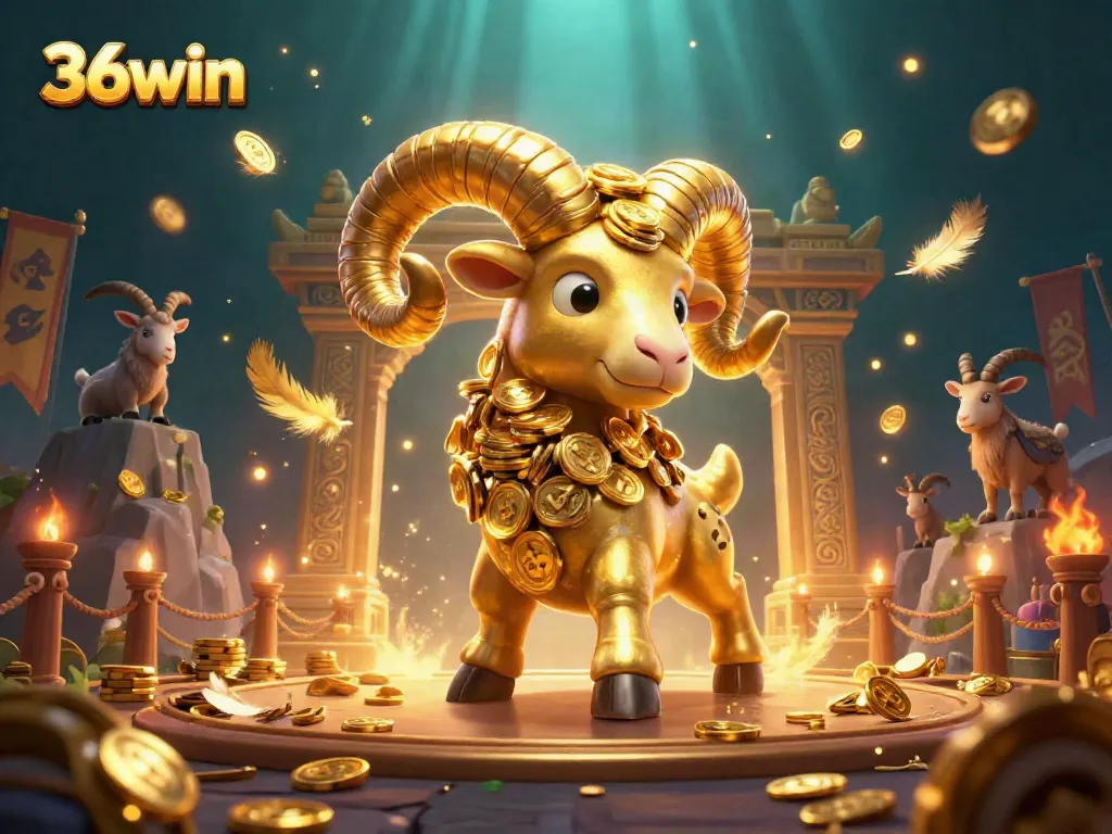 Engage in thrilling gameplay at 36win, featuring a dynamic scene of golden ram charging through a casino-themed arena.