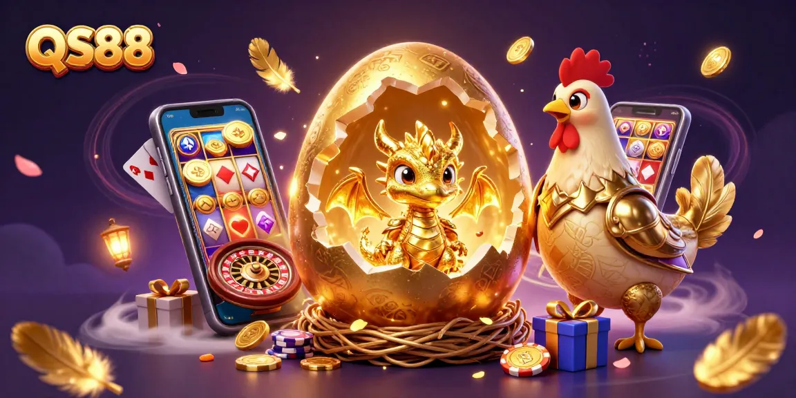 Engage in thrilling games at QS88 with a stunning golden dragon and rich casino elements.