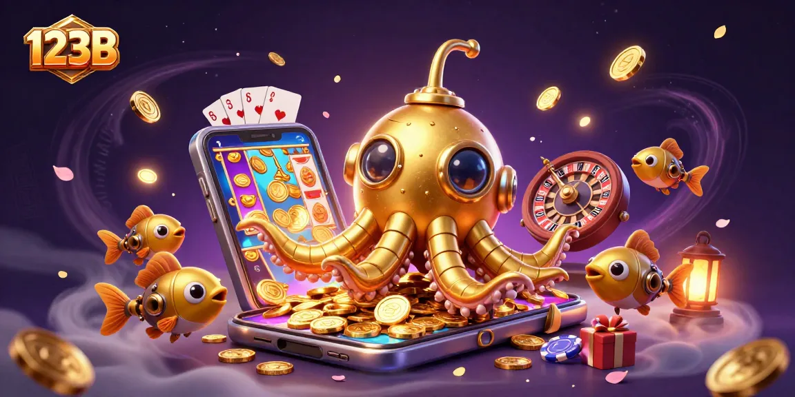 Engage with the dazzling action of 123B casino games featuring a golden kraken submarine amid golden coins.