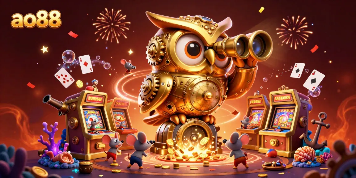 Experience immersive gaming at ao88 with a golden owl overseeing the casino floor filled with vibrant elements.