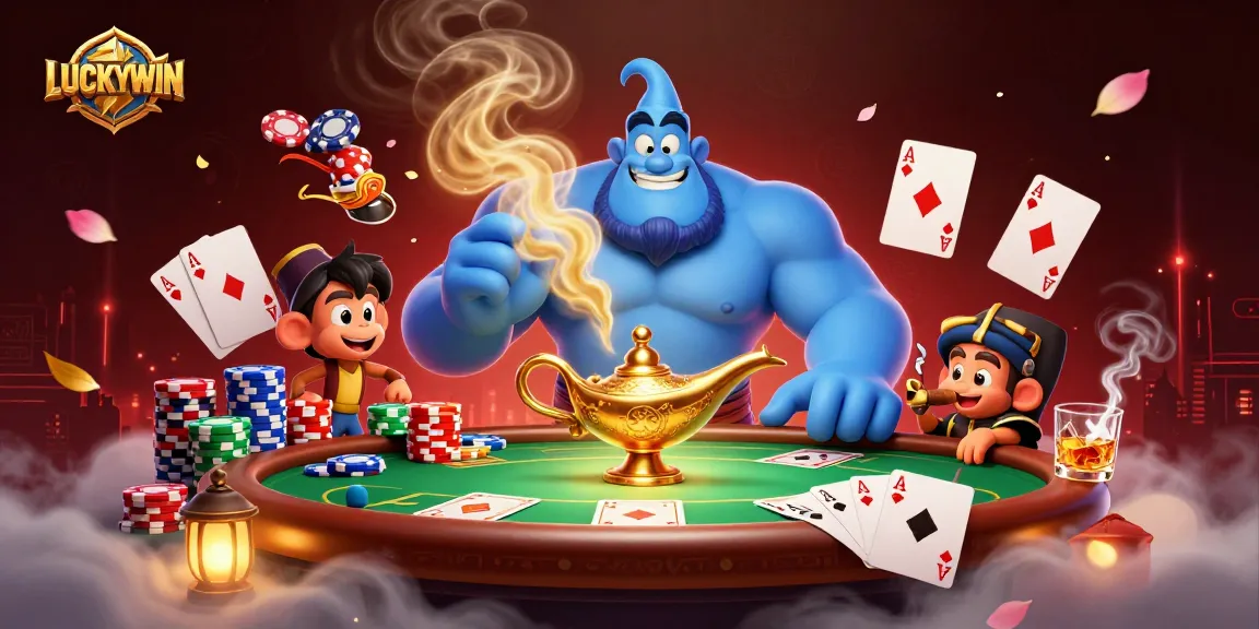 LUCKYWIN reveals a magical casino atmosphere with poker chips, vibrant characters, and dynamic game elements.
